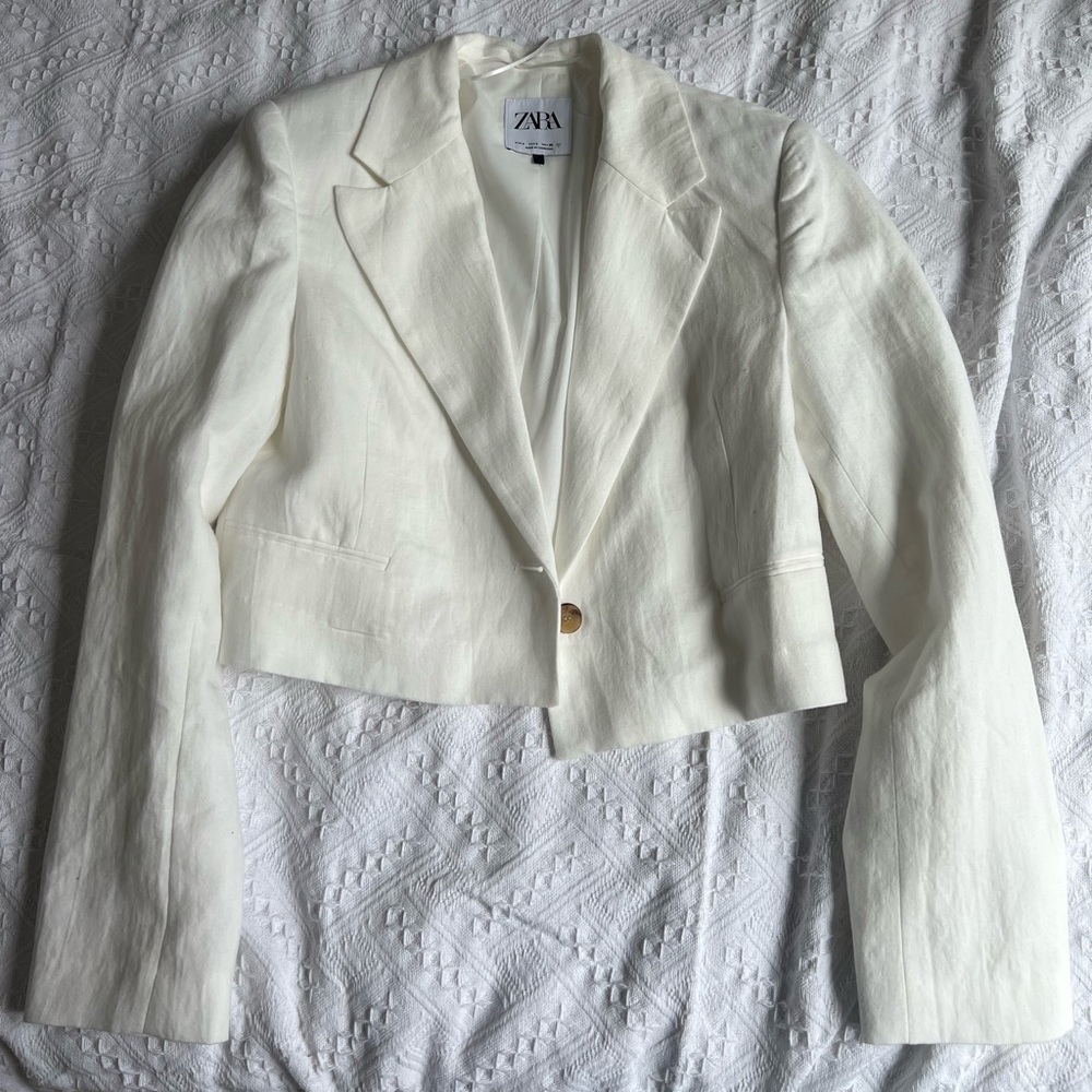Zara white cropped linen blazer